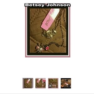 Betsey Johnson Spider Necklace Black Bow Pink Rhinestone Flower 16" L 3"Extender